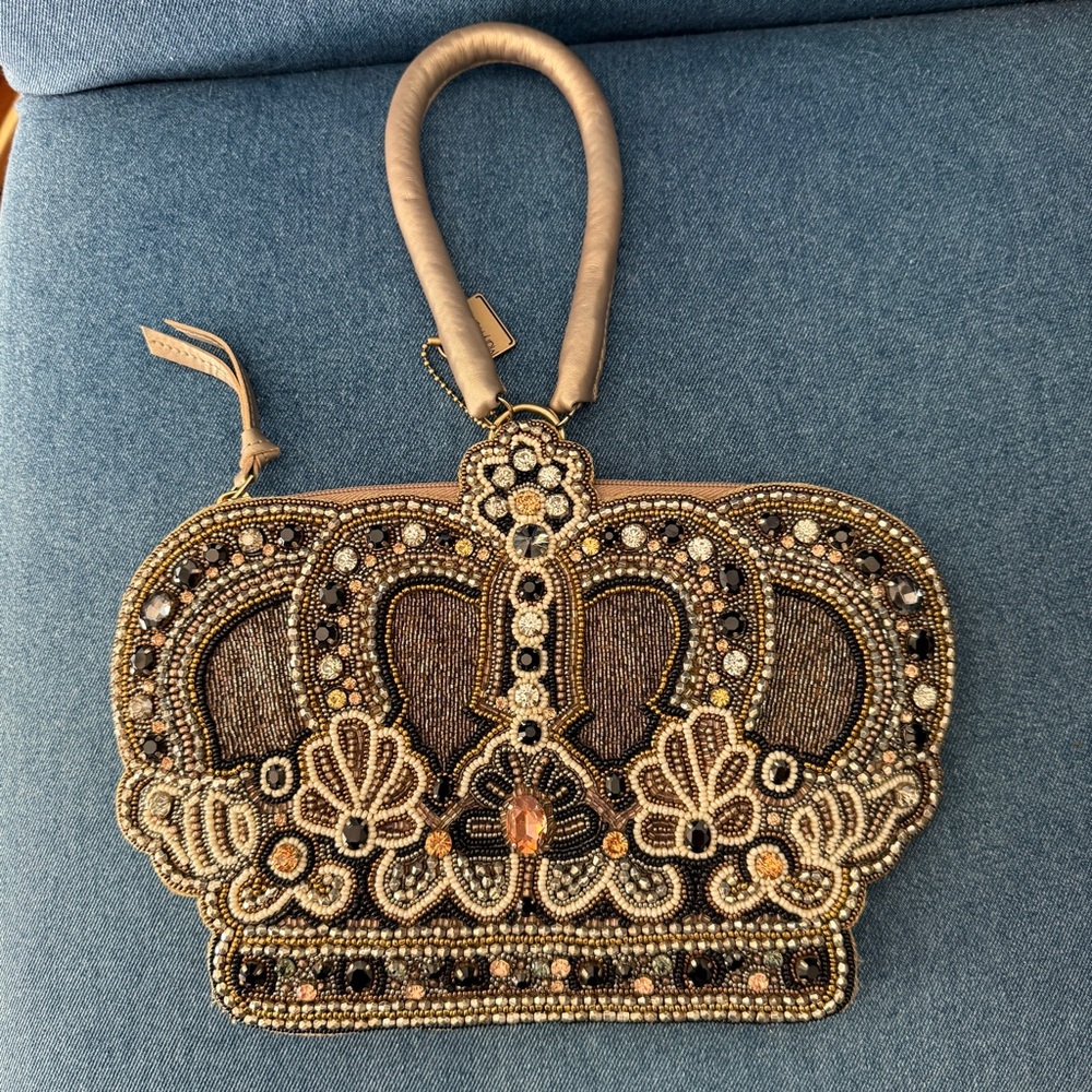 Mary Frances Queen Crown Jewels Beaded Leather Wristlet